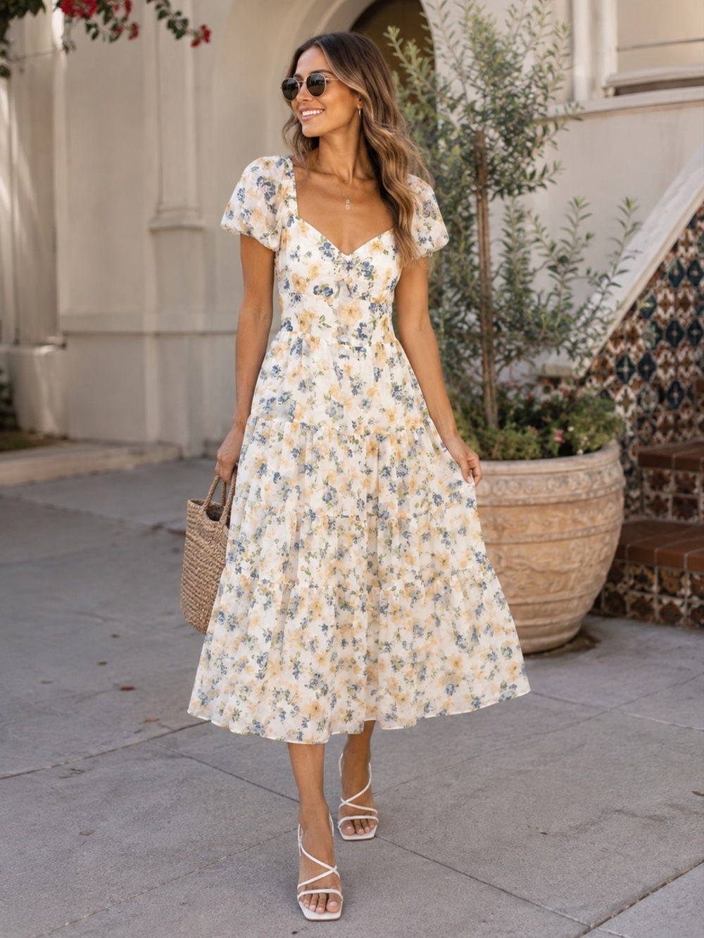 Melloday White Floral Puff Sleeve Midi Dress Large Cottagecore Romantic